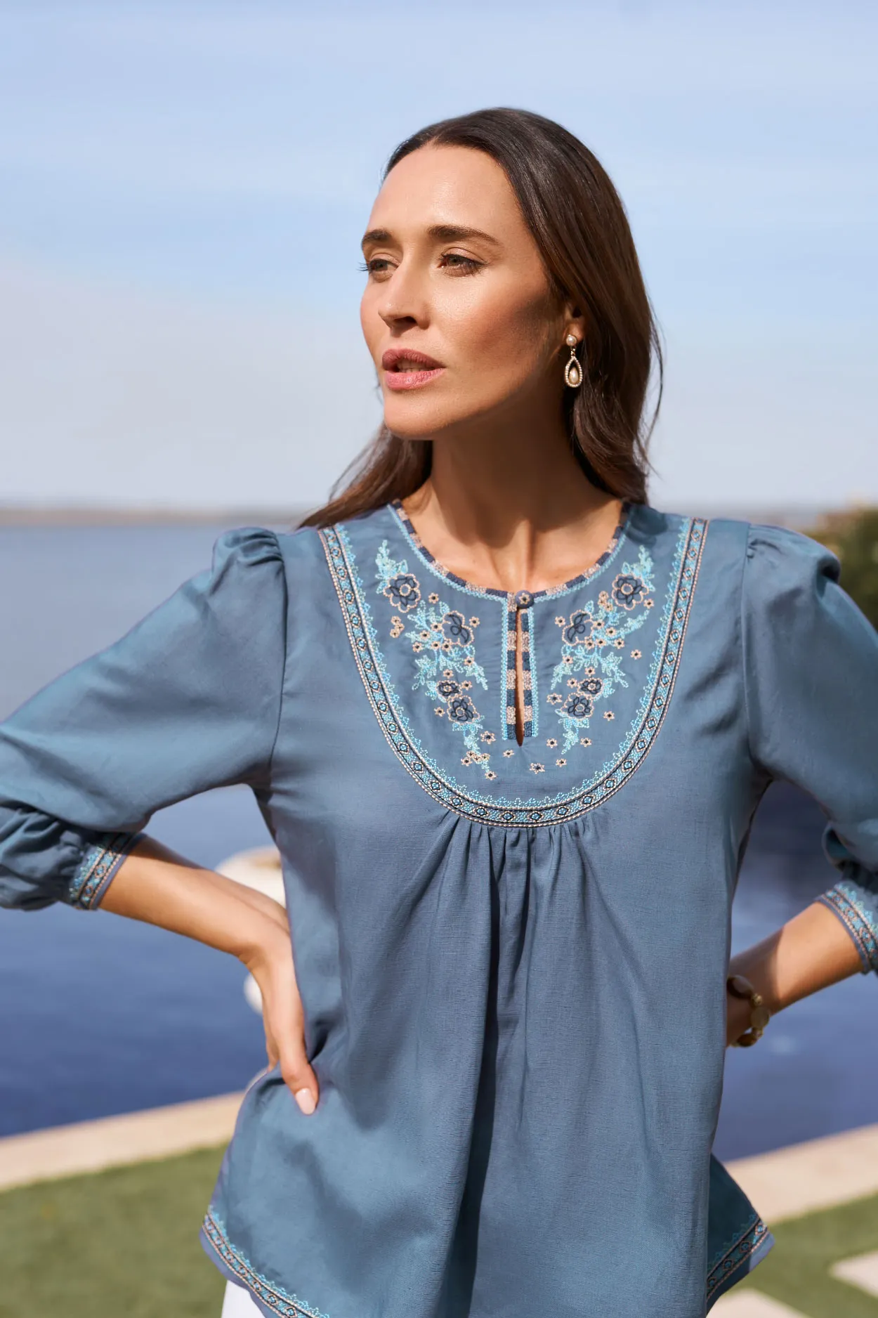 Embroidered Swing Blouse + Full Length Waist Tab Linen Pant + Harli Cross Strap