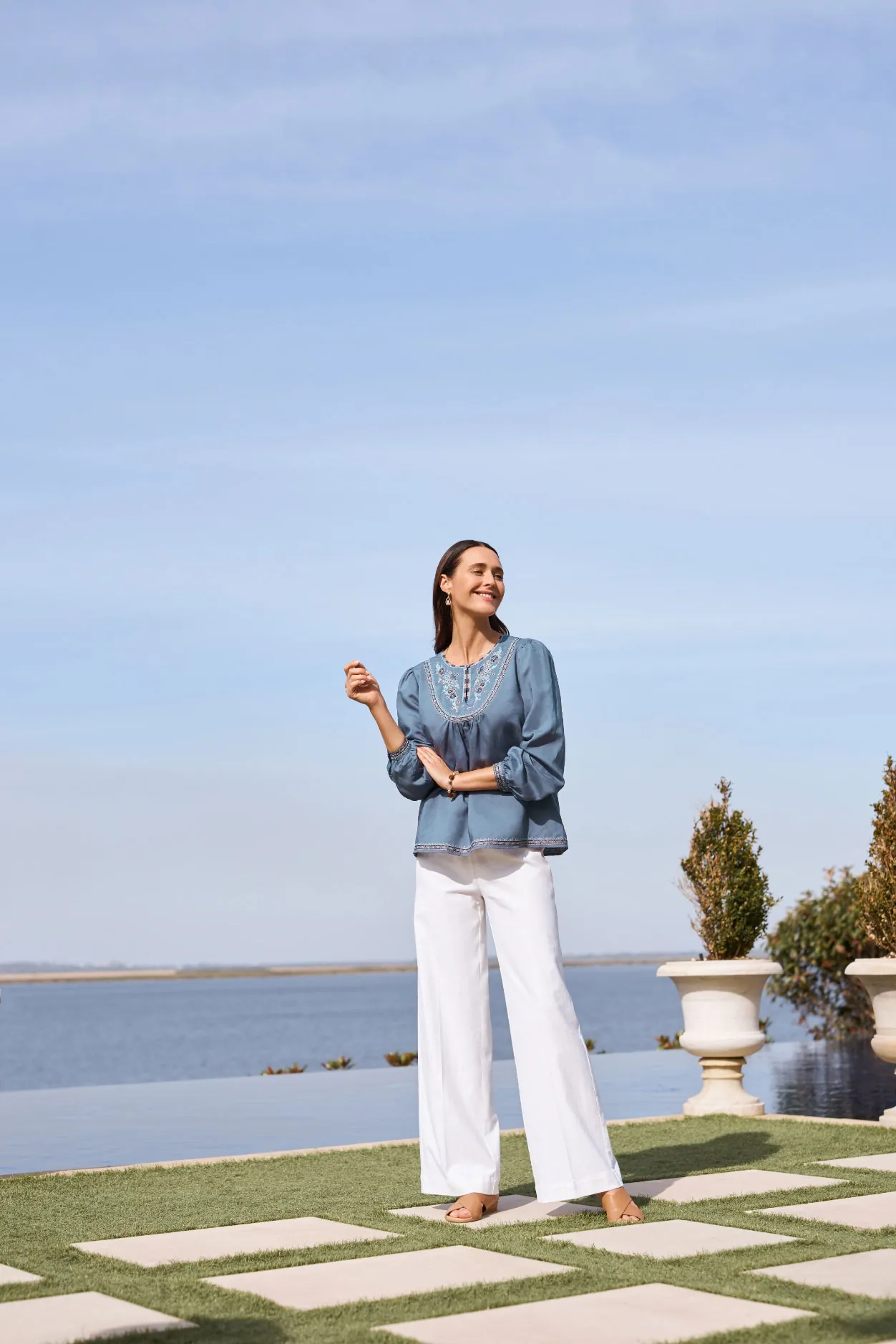 Embroidered Swing Blouse + Full Length Waist Tab Linen Pant + Harli Cross Strap