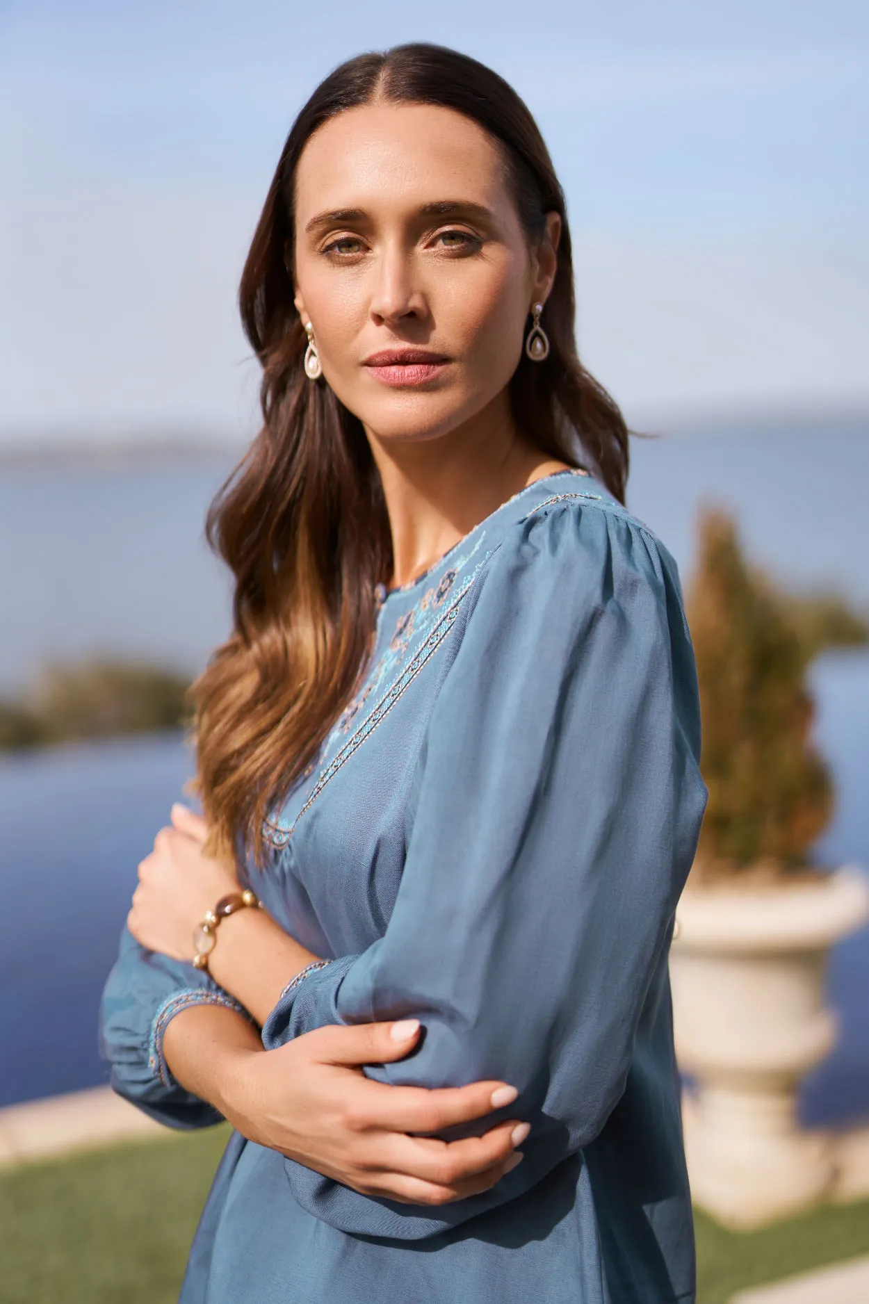 Embroidered Swing Blouse + Full Length Waist Tab Linen Pant + Harli Cross Strap