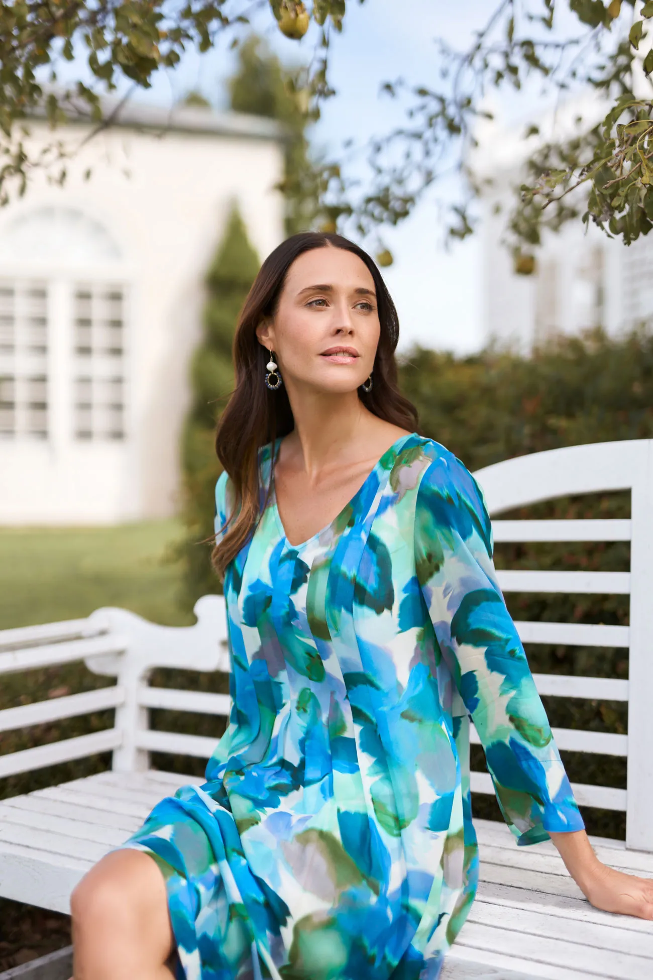Printed Georgette Dress + Pearl Drop Earrings
