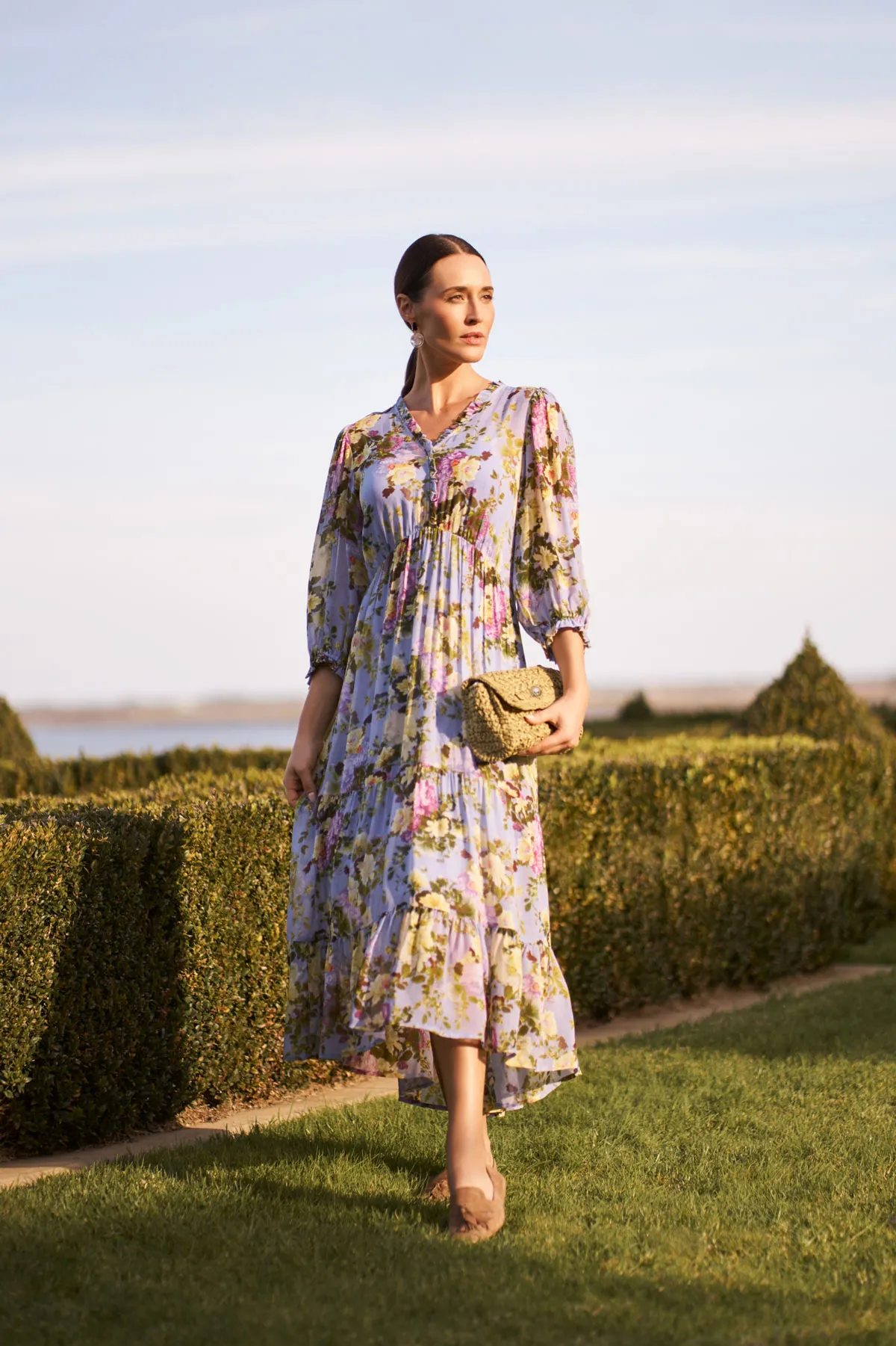 Vintage Floral Dress + Crochet Weave Crossbody Bag + Multi Disc Earrings + Monet Suede Tassel Loafer