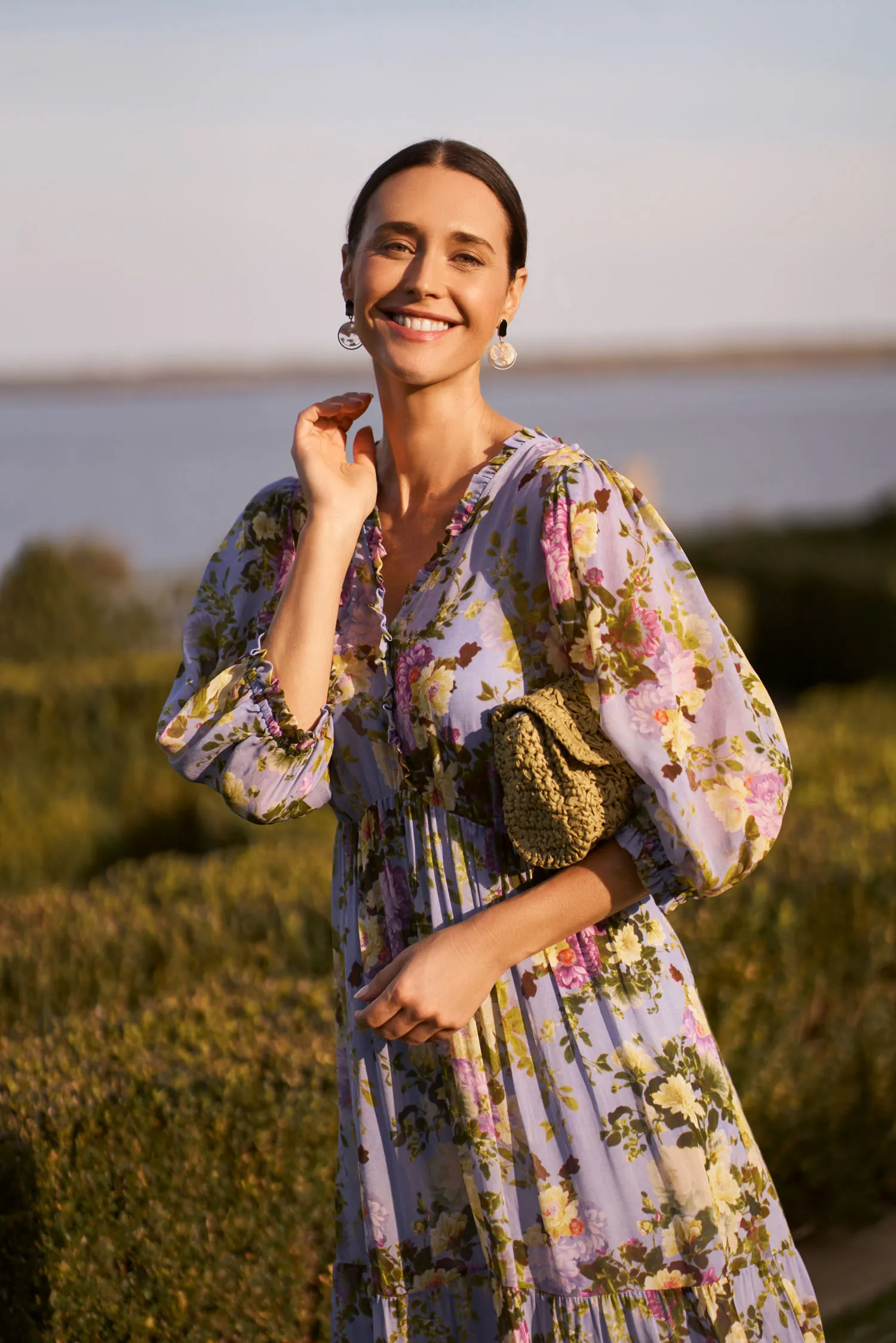 Vintage Floral Dress + Crochet Weave Crossbody Bag + Multi Disc Earrings + Monet Suede Tassel Loafer