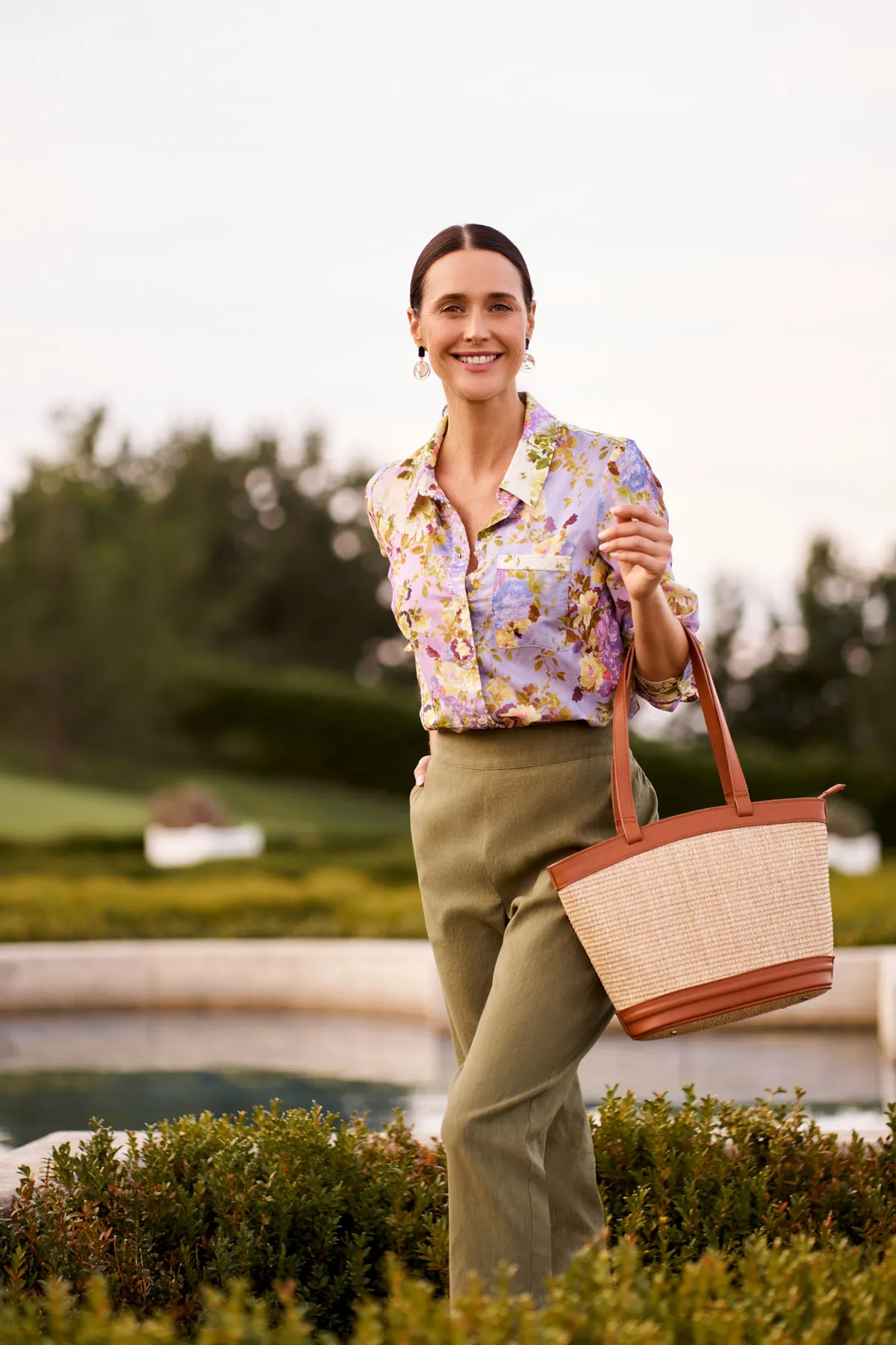Beaded Mixed Print Shirt + 7/8 Tapered Pant + Woven Basket Tote