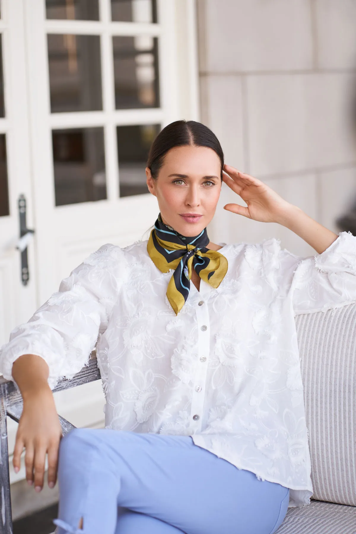 Embroidered Floral Blouse + Bengajean® 7/8 Tie Cuff + Butterfly Garden Scarf + Porto Tassel Loafer