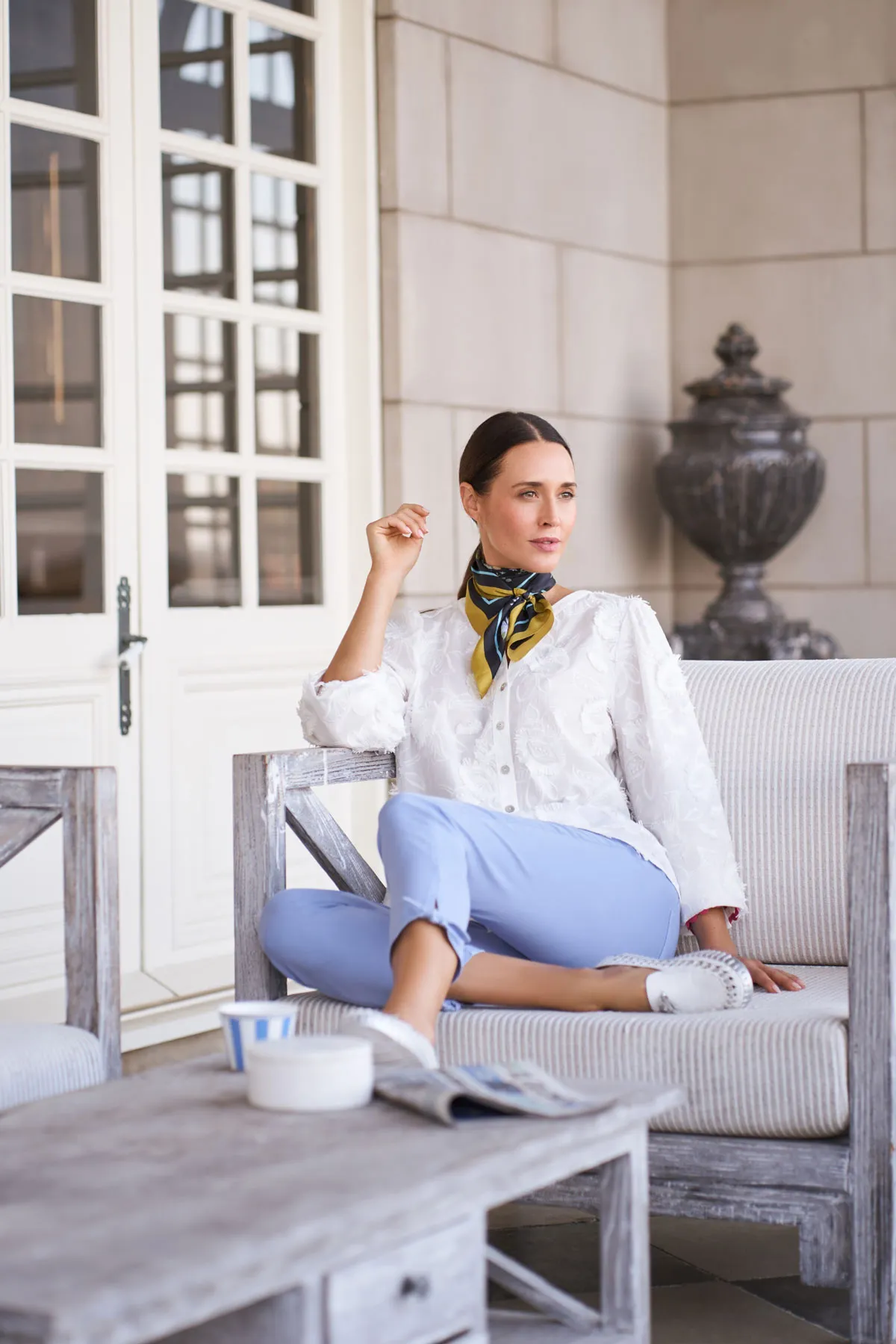 Embroidered Floral Blouse + Bengajean® 7/8 Tie Cuff + Butterfly Garden Scarf + Porto Tassel Loafer