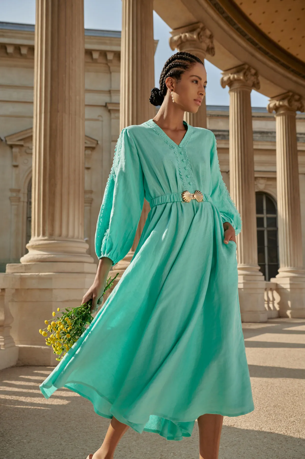Lace Insert French Linen Dress