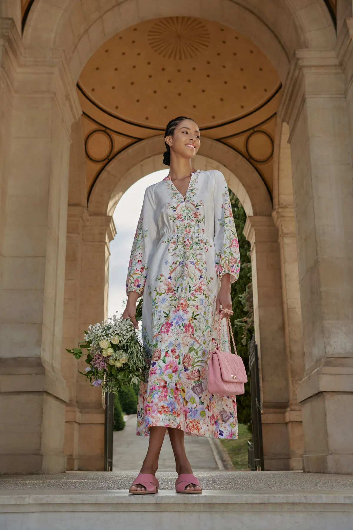 Border Print French Linen Dress