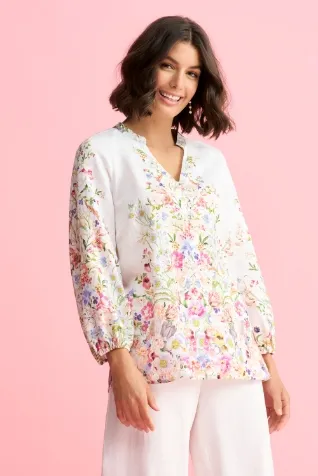 Border Print French Linen Top