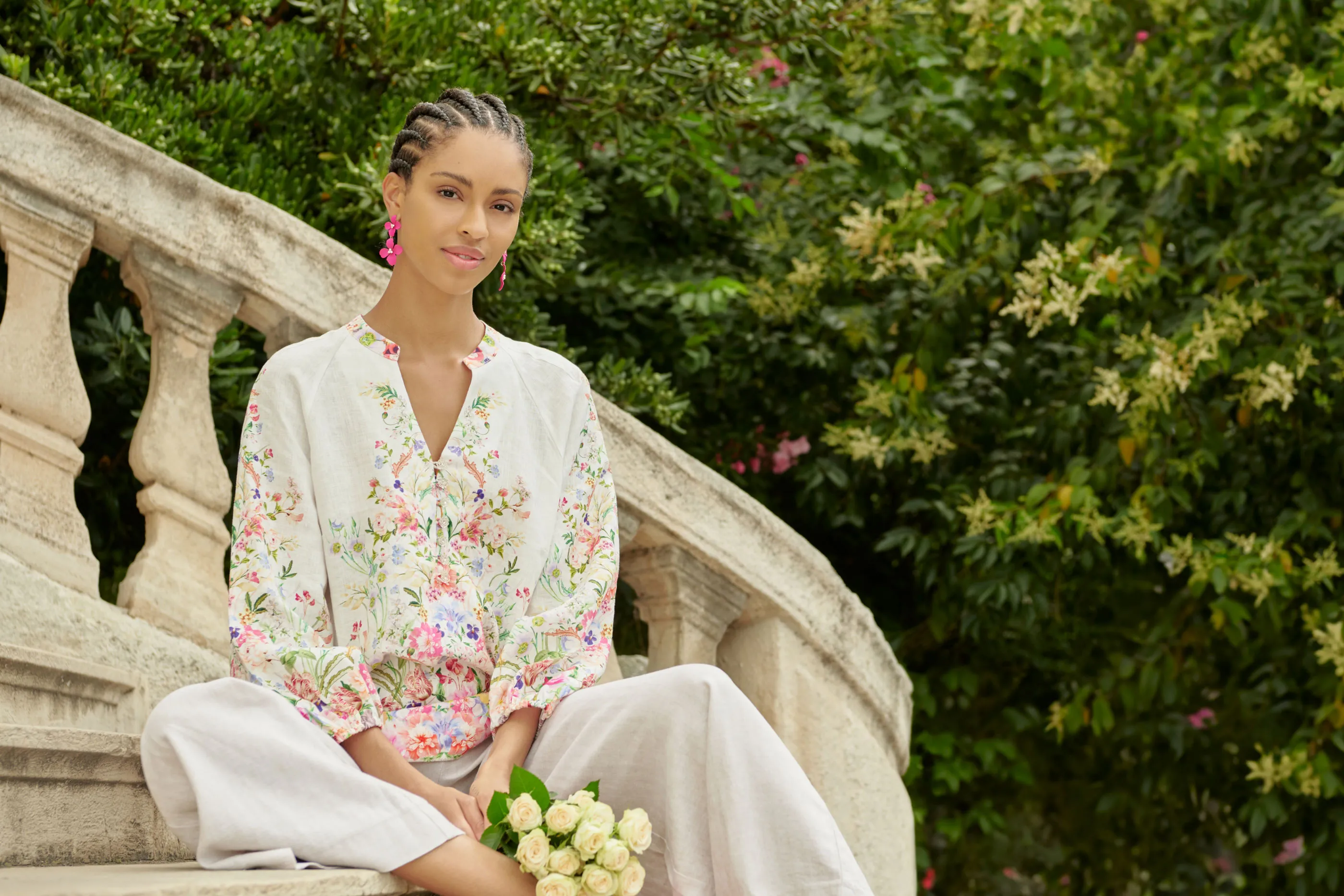 Border Print French Linen Top