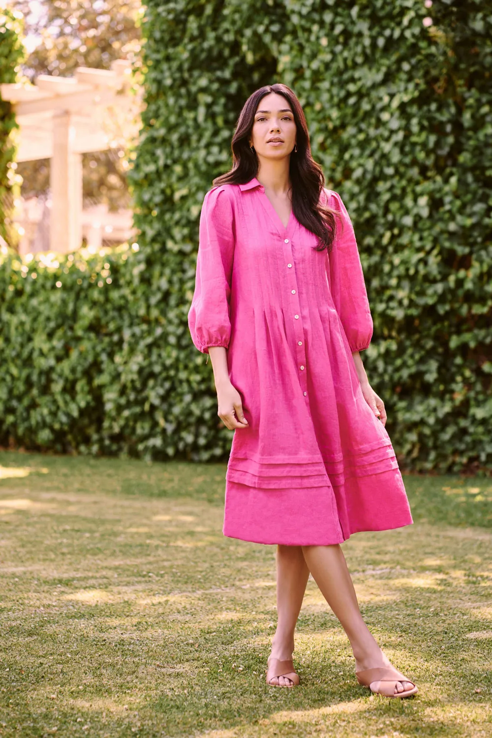 French Linen Puff Sleeve Dress