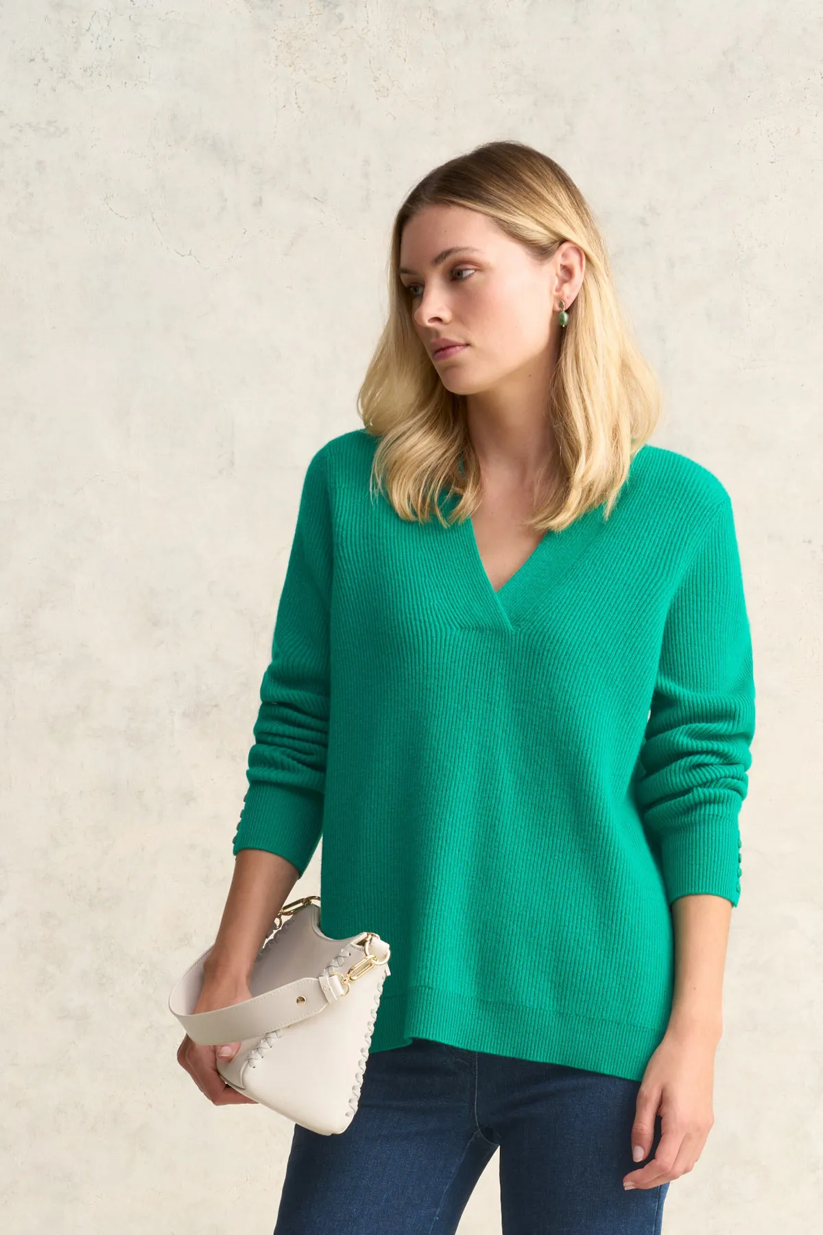 Ribbed V Neck Wool Jumper