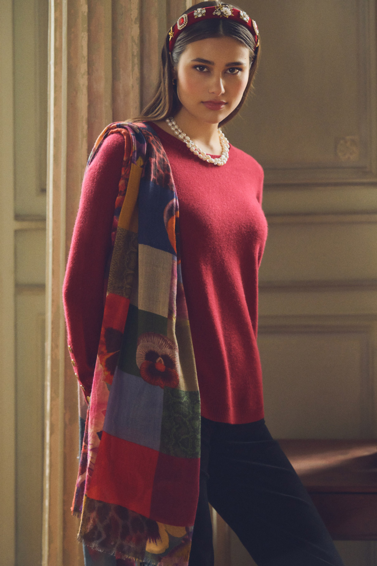 Floral Check Wool Scarf